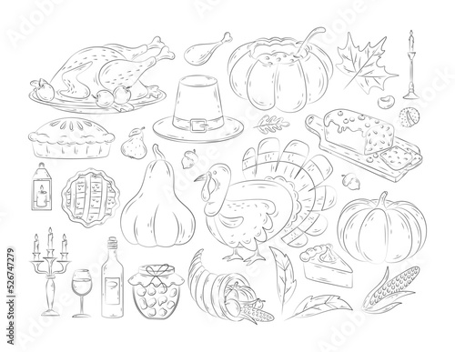 Thanksgiving icons in doodle style. Vector set of hand drawn autumn elements with roast turkey  cartoon pumpkin food  corn  wine  candles  pilgrim hat  pie. Happy Thanksgiving day. Harvest festival.
