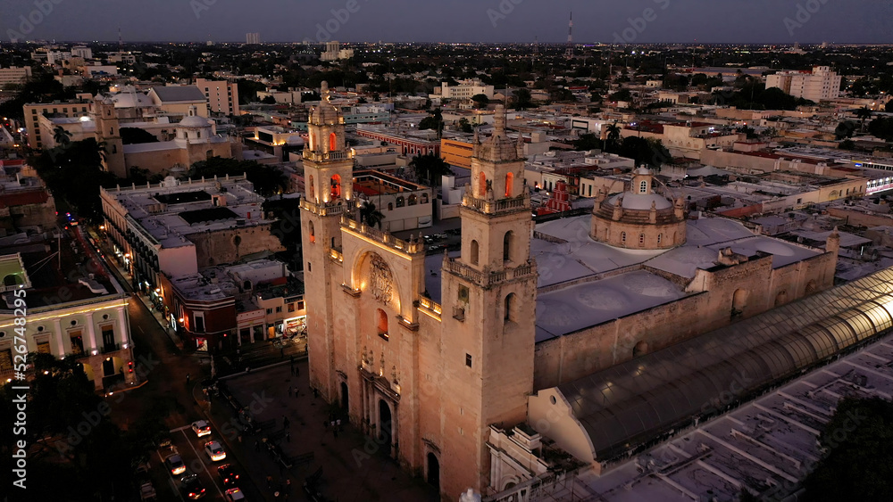 Fototapeta premium Aerial camera at night showing the front of the Cathedral of Merida, Yucatan, Mexico.