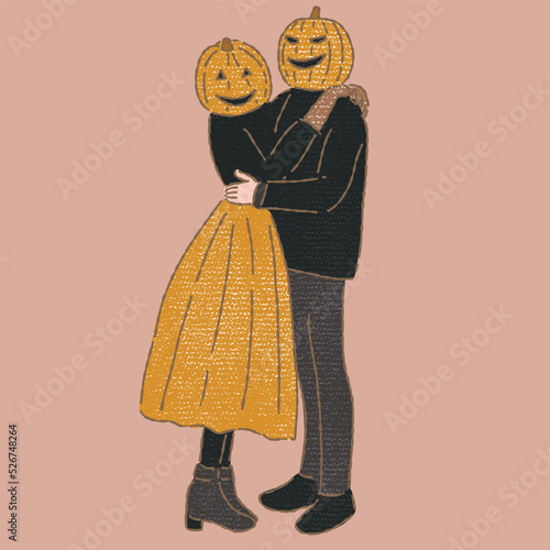 People cosplaying as Jack o lantern. Couple dressing up fancy costumes for Halloween party. Pumpkin head. Hand drawn flat vector illustration in colored pencil texture style.