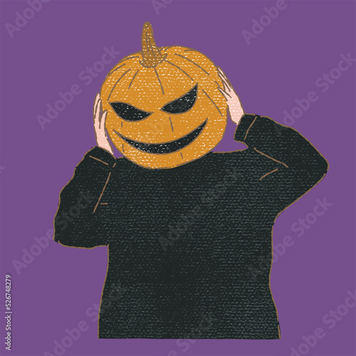 Person cosplaying as Jack o lantern. Teenager dressing up fancy costumes for Halloween party. Pumpkin head. Hand drawn flat vector illustration in colored pencil texture style.