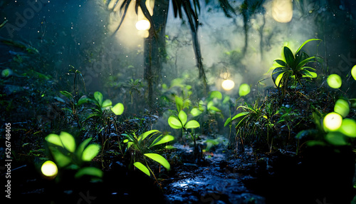 Fantasy dark tropical exotic forest  jungle. Grass  moss in lemu  sunlight  shadows  forest magic. 3D illustration.