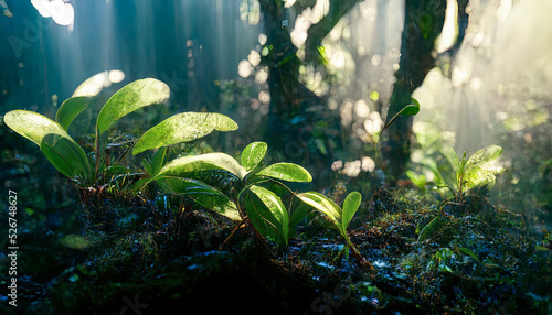 Fantasy dark tropical exotic forest  jungle. Grass  moss in lemu  sunlight  shadows  forest magic. 3D illustration.