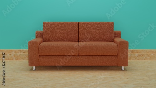 Modern living room brown sofa front view with clean background in wooden floor 3d rendering