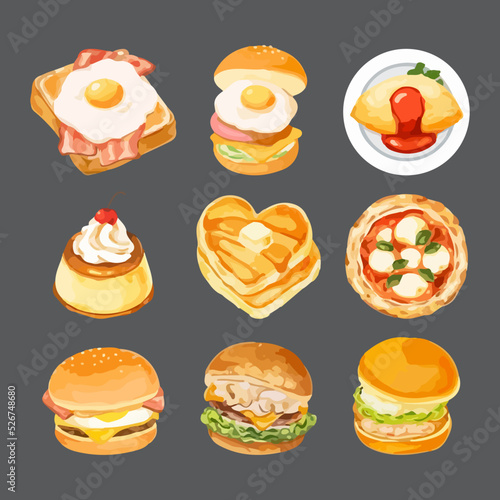 Set of fast food doodle in watercolor style vector illustration