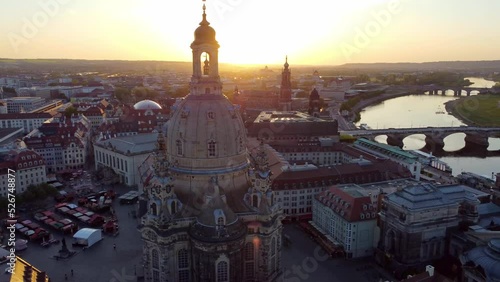 Frauenkirche Dresden and Elbe river at Sunset (aerial)