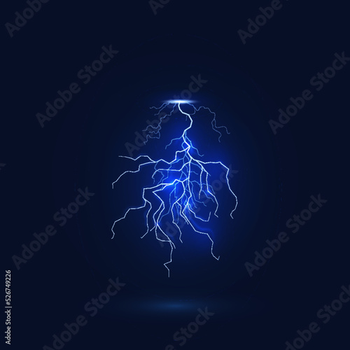 Realistic style of bright glowing lightning isolated on dark background, natural light effect