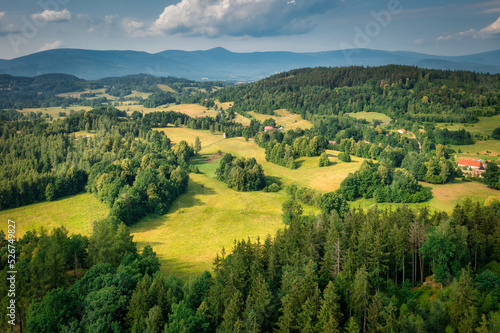 Fototapeta Naklejka Na Ścianę i Meble -  A beautiful landscape of forests and fields near the Giant Mountains, Lower Silesia. Poland