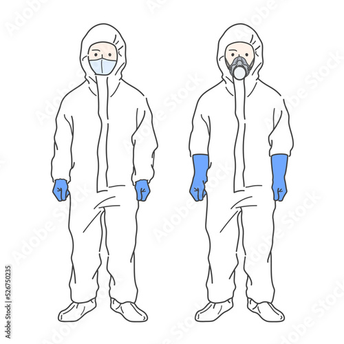 防護服を着用した作業員のイラスト　中装備　防毒マスク　シューズカバー　グローブ