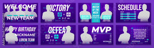 Esports gaming screens asset kit. E sport games banner set: New team, Happy birthday, victory, defeat, match of the week, schedule, player quote. Cybersport design template. Eps10 vector