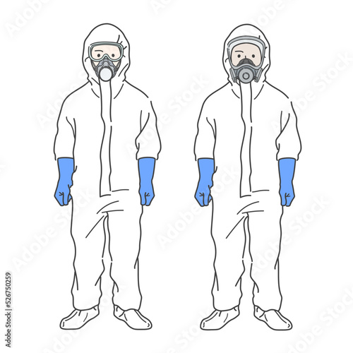 防護服を着用した作業員のイラスト　重装備　防毒マスク　防塵マスク　シューズカバー　グローブ　ゴーグル photo