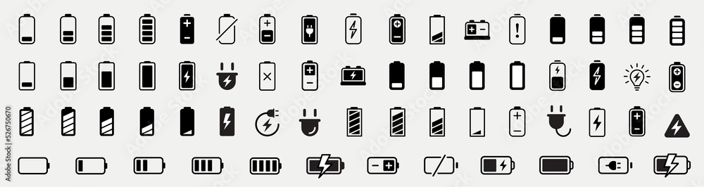 Battery icons set. Battery charge level indicators icons set. Discharged and fully charged battery. level battery energy. Vector illustration - obrazy, fototapety, plakaty 