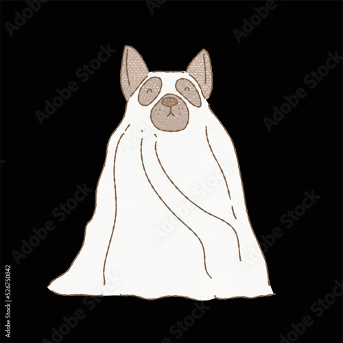 Dog cosplaying as ghost by using sheet. Puppy dressing up fancy costumes for Halloween party. 
 Hand drawn flat vector illustration in colored pencil texture style.