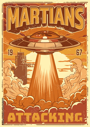 Martians attacking vintage colorful flyer