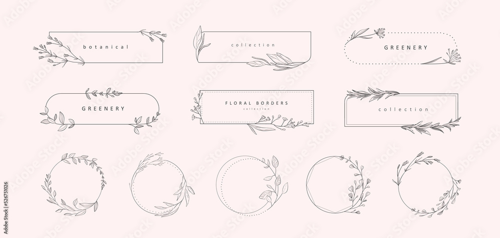 Set of floral desogn elements. Wreath borders branch and minimalist flowers. Hand drawn line wedding herb, elegant leaves for invitation save the date card. Botanical rustic trendy Set of floral desogn elements. Wreath borders branch and minimalist flowers. Hand drawn line wedding herb, elegant leaves for invitation save the date card. Botanical rustic trendy