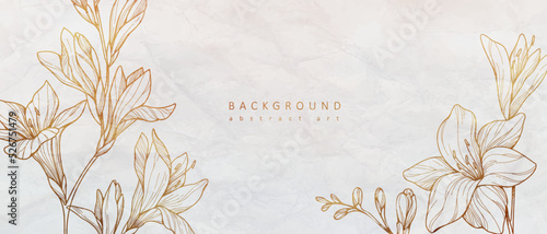 Botanical line bakground with flowers and leaves. Floral foliage for wedding invitation, wall art or card template. Vector illustration. Luxury rustic trendy art