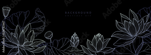 Botanical line bakground with flowers and leaves. Floral foliage for wedding invitation, wall art or card template. Vector illustration. Luxury rustic trendy art