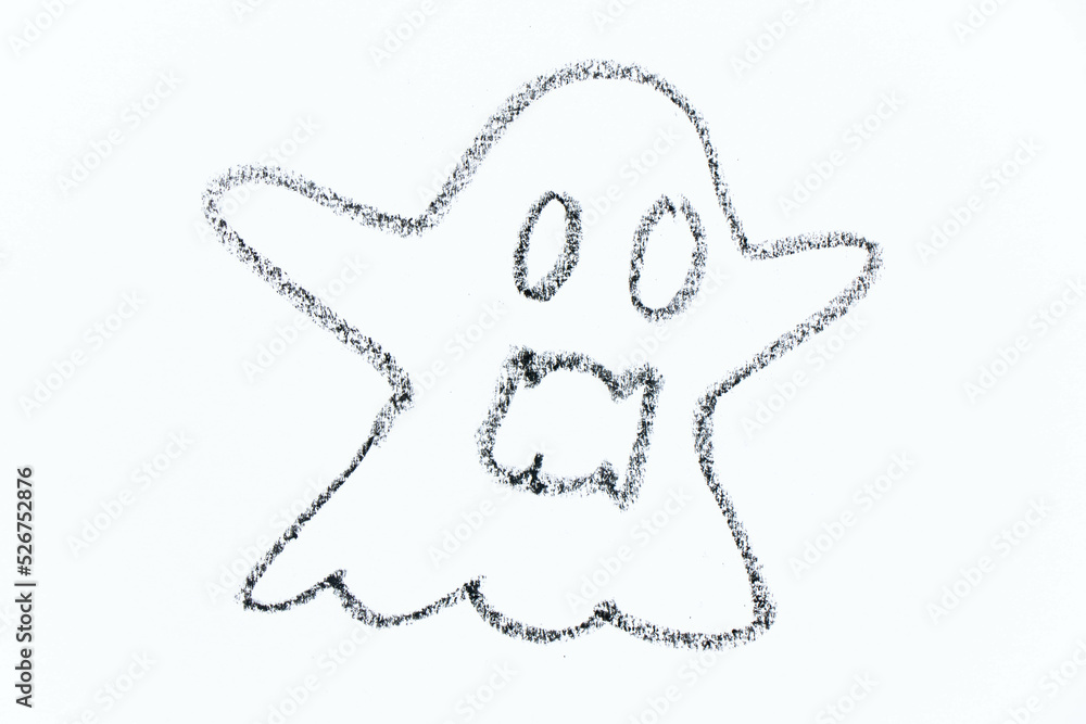 Black color oil pastel hand drawing in flying ghost shape on white paper background Black color oil pastel hand drawing in flying ghost shape on white paper background