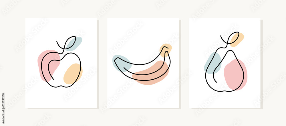 Fruits continuous line posters. Apple, banana, pear artistic vector illustrations.