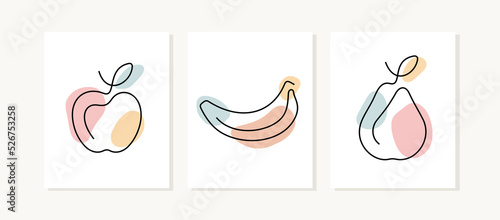 Fruits continuous line posters. Apple, banana, pear artistic vector illustrations.