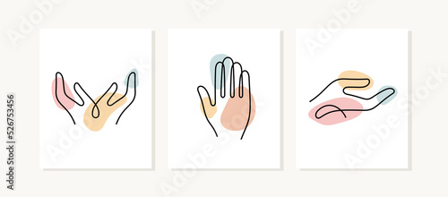 Hands gestures continuous line posters. Charity, support, care abstract vector illustrations.