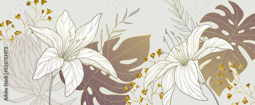 Botanical line bakground with flowers and leaves. Floral foliage for wedding invitation, wall art or card template. Vector illustration. Luxury rustic trendy art