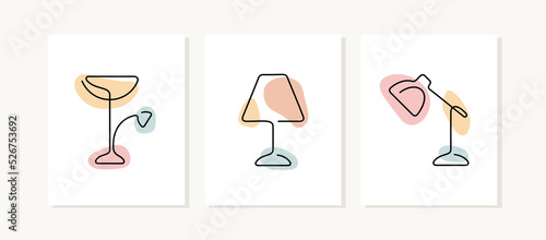 Lighting continuous line posters. Home interior lamps artistic vector illustrations.