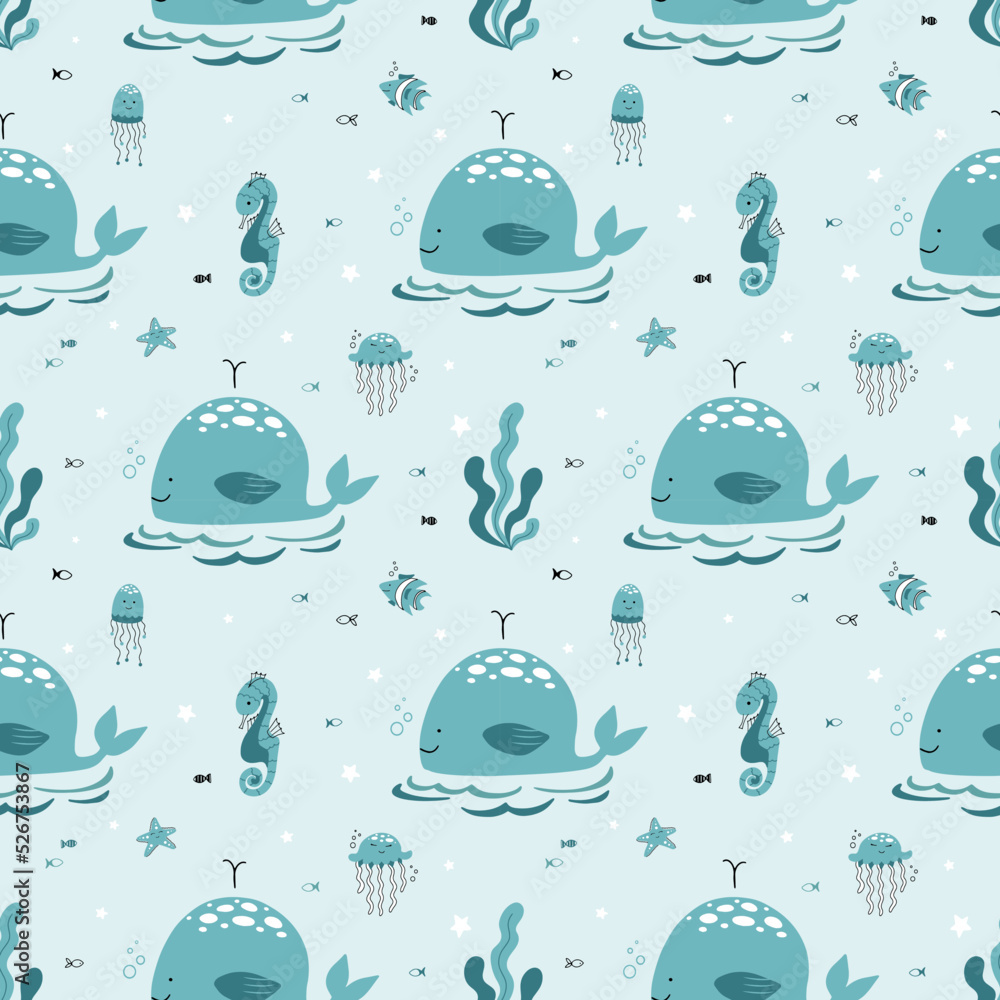 Naklejka premium Cute seamless pattern nautical theme. Ocean and sea life background for children
