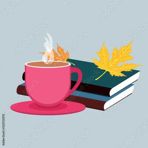 Coffee cup icon, books, autumn leaves, isolated background. Book illustration for a school cartoon. Vector illustration. Cute stickers, posters, postcards, stickers, decor and textiles. icon, book.