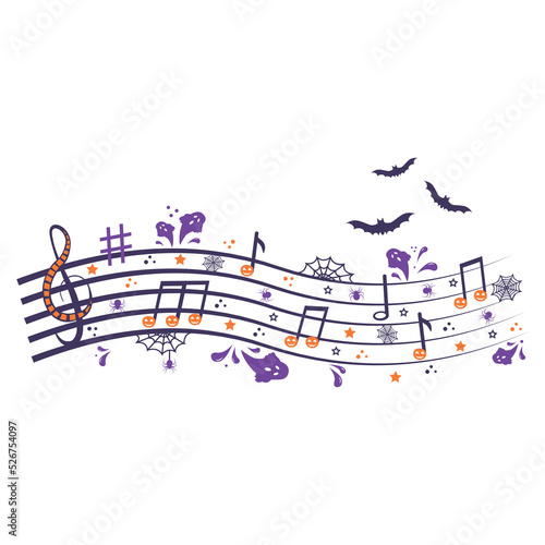 Black spider web with treble clef with pumpkin, bats and notes. Musical Composition at Halloween Party