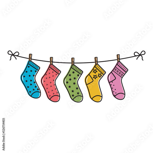 Children's colored socks hanging on a rope, vector isolated illustration