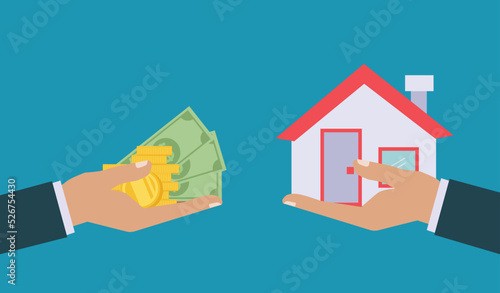 Hand holds house and giving, receiving golden coins from other hand. Concept for home agent, sale and rent of a house and buyer or customer