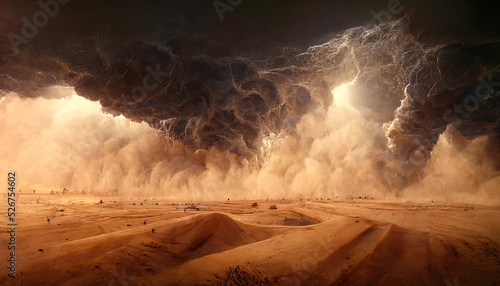 Fotografia, Obraz Desert landscape, sandstorm, sand morch, dramatic cloudy sky, unreal world, apocalypse