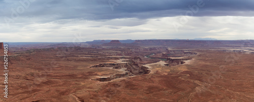 Scenic Panoramic View of American Landscape and Red Rock Mountains in Desert Canyon. Colorful Sky. Canyonlands National Park. Utah, United States. Nature Background Panorama