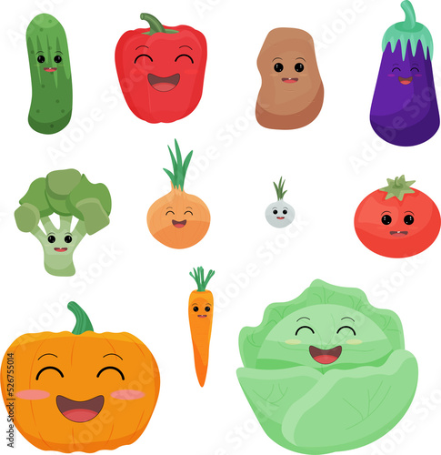 A set of cartoon-style vegetables highlighted on a transparent background. PNG. Food characters with eyes and different emotions. Templates for printing. Harvesting.