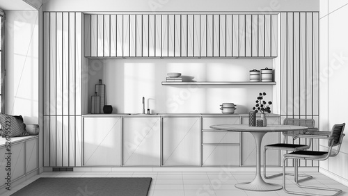 Blueprint unfinished project draft, japandi trendy wooden kitchen and dining room. Wooden cabinets, contemporary wallpaper and big window. Minimalist interior design
