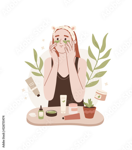 Woman applying eye patches. Care against eye shadows. Moisturizing, anti-age care. Bathroom. Skin care, gel, serum, eye mask for hydration. Flat vector illustration.