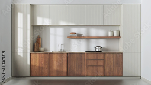 Japandi trendy wooden kitchen in white and beige tones. Modern cabinets, shelf with decors and concrete floor. Minimalist interior design