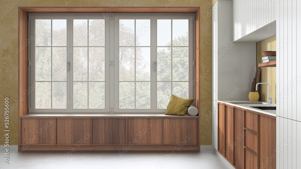 Modern cozy kitchen and big window with bench in white and yellow tones. Wallpaper and concrete floor. Minimalist japandi interior design Modern cozy kitchen and big window with bench in white and yellow tones. Wallpaper and concrete floor. Minimalist japandi interior design