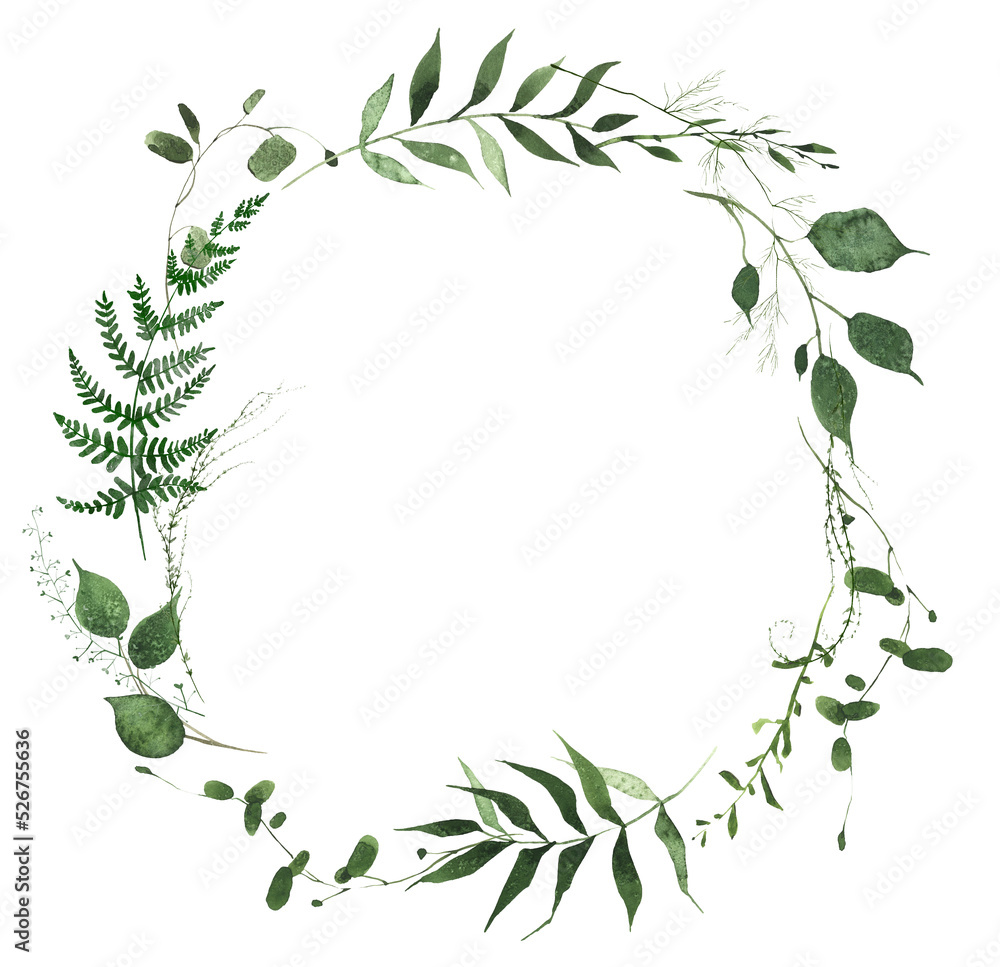 Watercolor greenery frame on white background. Wild green, emerald fern branches, leaves and twigs wreath. Watercolor greenery frame on white background. Wild green, emerald fern branches, leaves and twigs wreath.