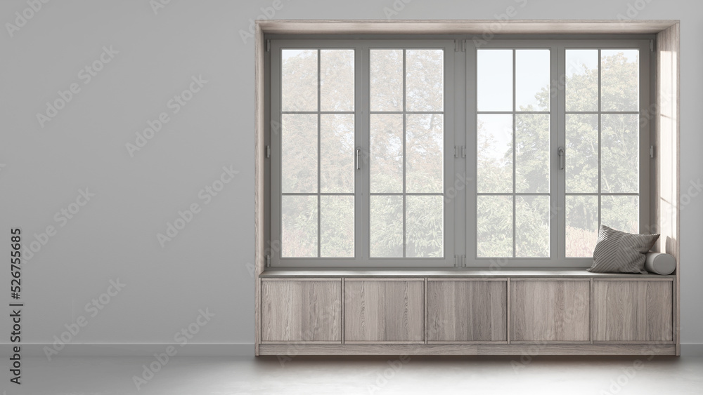 Window Bench View Country panoramic window with wooden siting bench in white and bleached ...