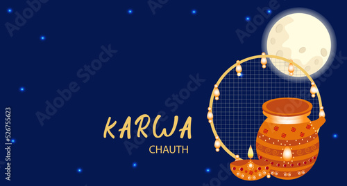 Happy Karwa Chaut festival card with traditional festive elements in form of candle, clay pot and sieve