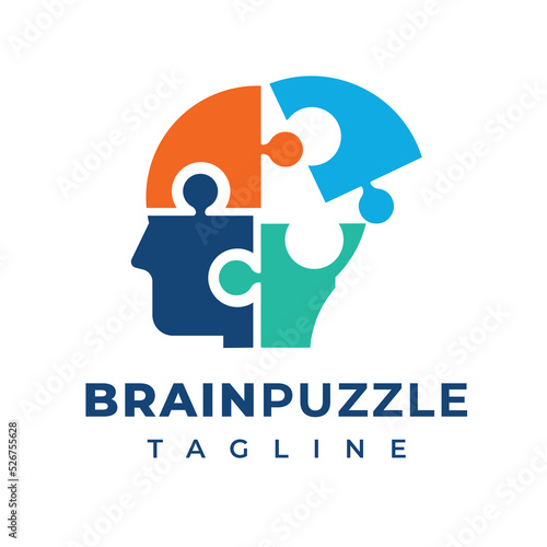 Human face brain intelligence colored puzzle illustration, symbol, template, vector design icon