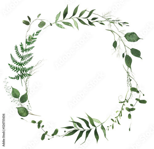Watercolor greenery frame on white background. Wild green, emerald fern branches, leaves and twigs wreath.