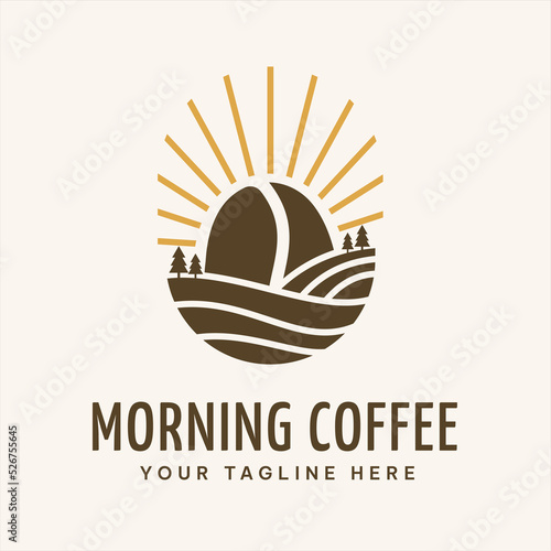 Coffee bean illustration design logo in the morning, Premium Coffee Label, Coffee Badge, Coffee Emblem. Go to Restaurants, Cafes, Shops. Vector illustration.