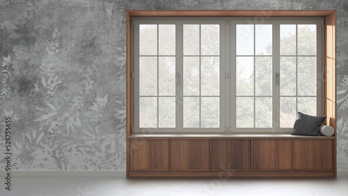 Country panoramic window with wooden siting bench in white and gray tones. Wallpaper background with copy space