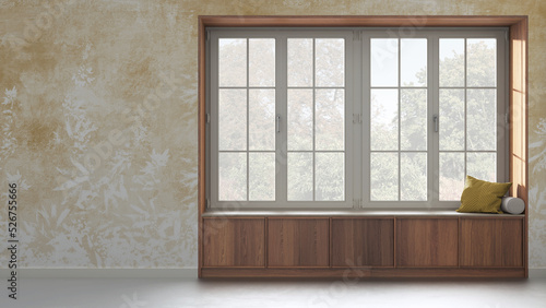 Country panoramic window with wooden siting bench in white and yellow tones. Wallpaper background with copy space
