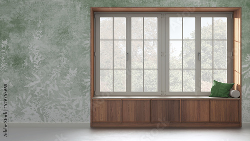 Country panoramic window with wooden siting bench in white and green tones. Wallpaper background with copy space