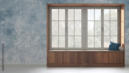 Country panoramic window with wooden siting bench in white and blue tones. Wallpaper background with copy space