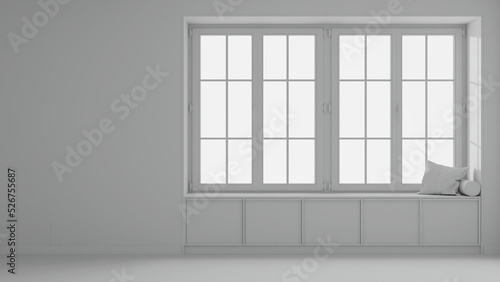 Total white project draft  country panoramic window with wooden siting bench. Background with copy space