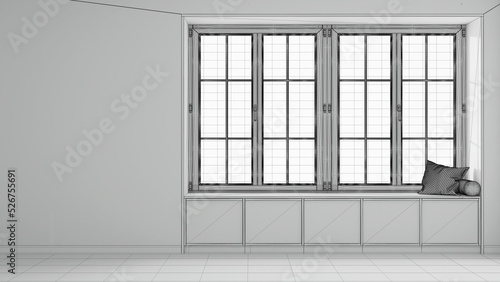 Blueprint unfinished project draft  country panoramic window with wooden siting bench. Background with copy space